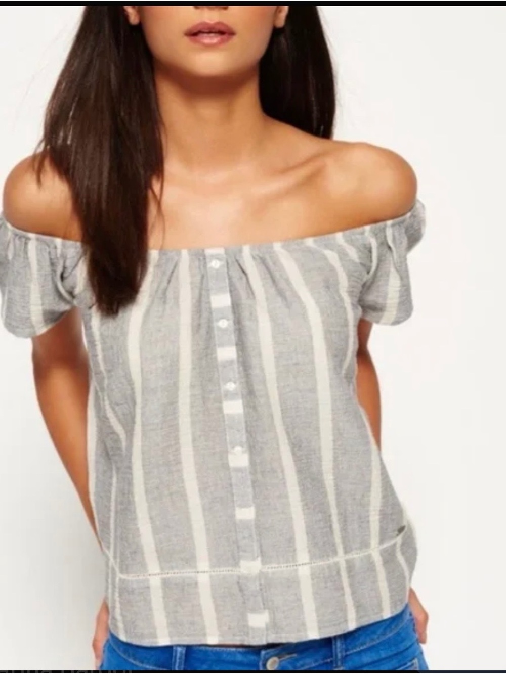 Superdry Gray and White Striped Off-Shoulder Blouse